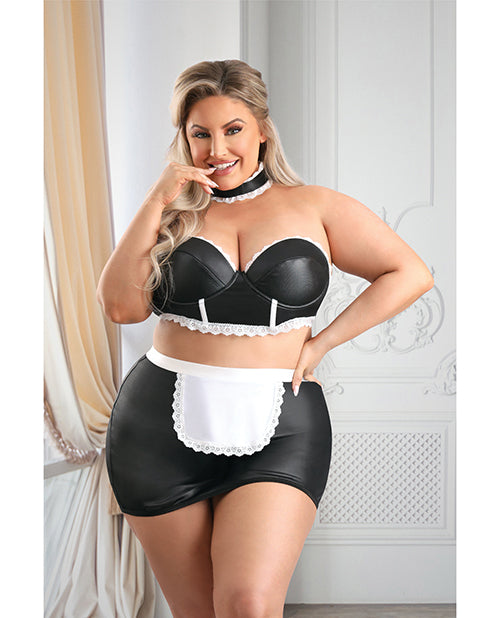 Play 5-star Service Wetlook Bustier, Open Back Skirt, G-string &amp; Choker Black/white