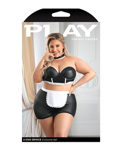 Play 5-star Service Wetlook Bustier, Open Back Skirt, G-string &amp; Choker Black/white