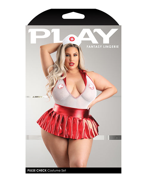 Play Pulse Check Collared Teddy W/open Back, Pleated Skirt, Medic Hat &amp; Pasties Red/white