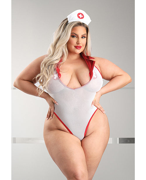 Play Pulse Check Collared Teddy W/open Back, Pleated Skirt, Medic Hat &amp; Pasties Red/white