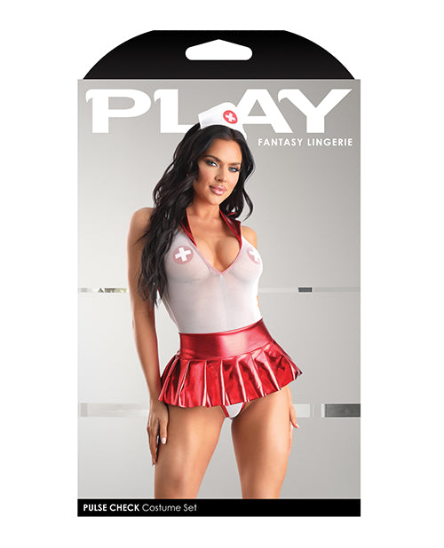 Play Pulse Check Collared Teddy W/open Back, Pleated Skirt, Medic Hat &amp; Pasties Red/white